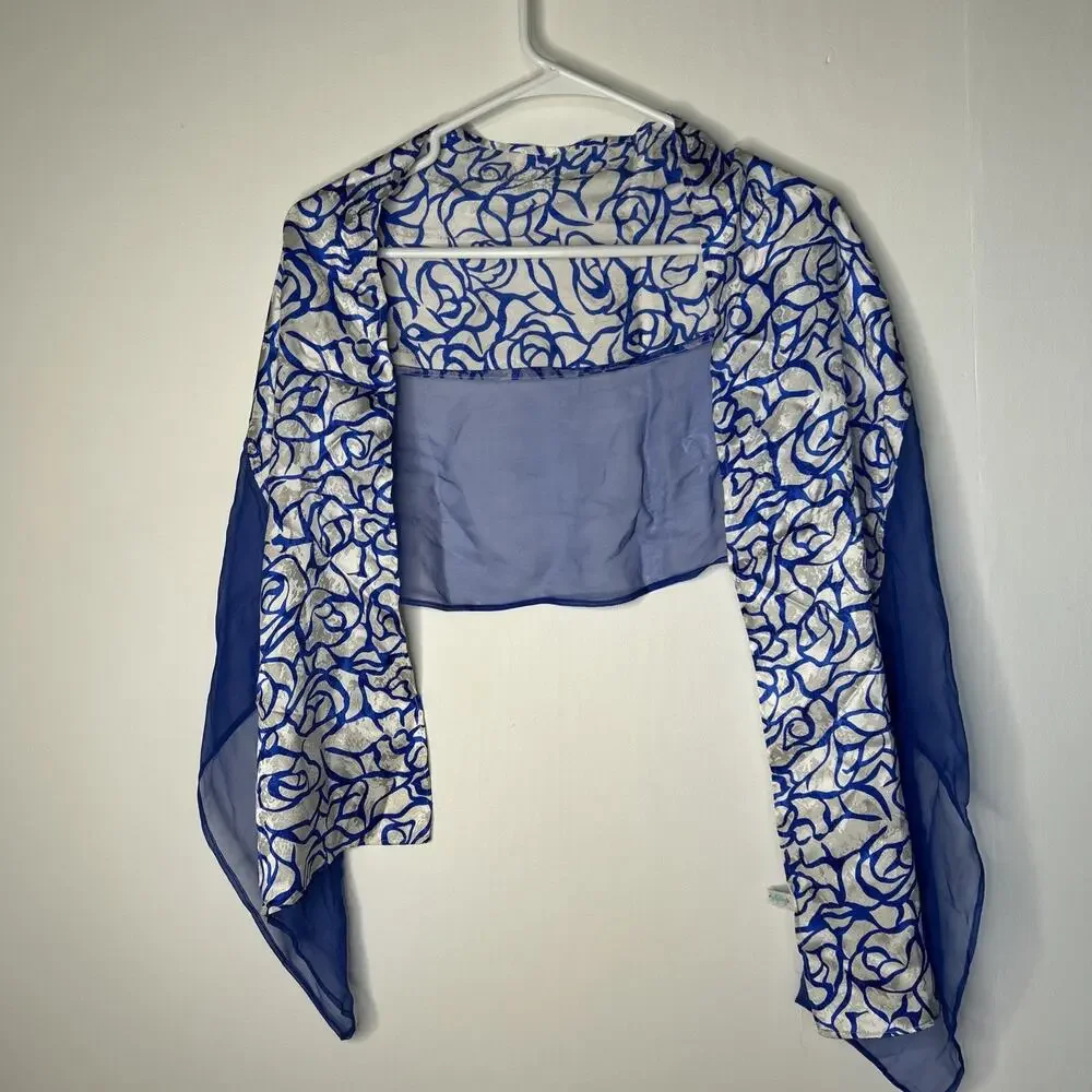 Vintage Silky Way Scarf Beautiful Royal Blue White Rose Pattern Made In USA Silk